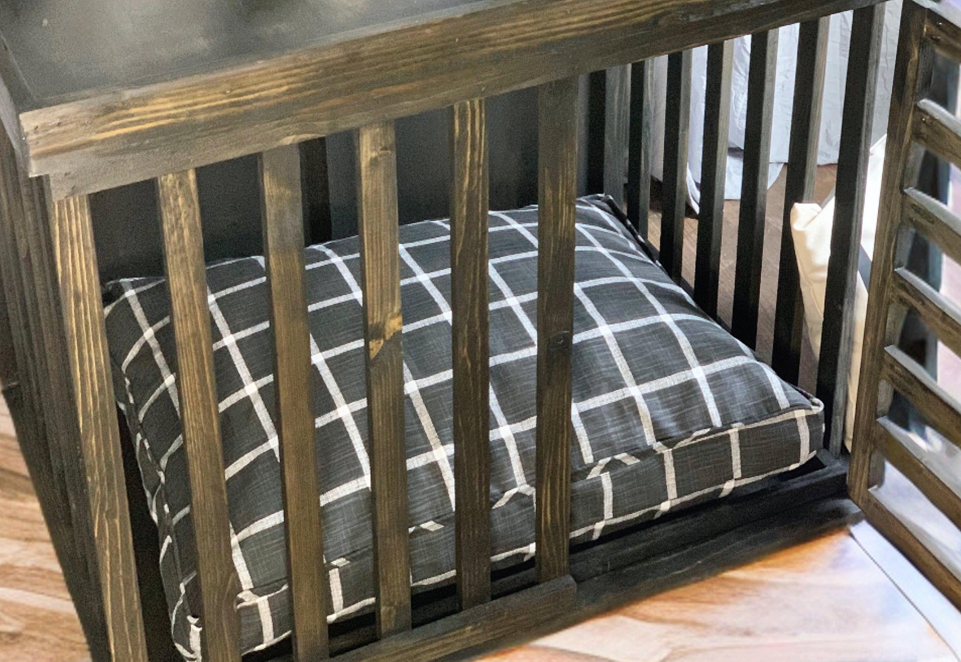Modern Windowpane Dog Bed - My Two Maggie's, Personalized Dog Bed, DOg Bed with Name, Wooden Dog Crate, Solid Wood Dog Kennel, Custom Dog Crate, Custom DogEmbroidered Dog Bed, Dog Bed Amazon, Dog Bed Cover, Dog Bed Large, dog beds for small dogs, personalized dog bed cover, personalized dog bed crate,  dog bed with removable washable cover, cutest dog bed,  cute dog bed for girls, Modern dog Bed, industrial dog beds, dog beds to match home, gifts for pet lovers, Christmas gifts for pets, holiday pet gifts, 
